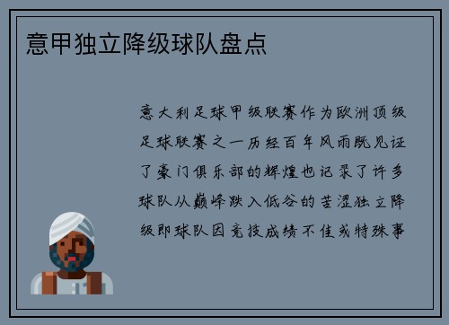 意甲独立降级球队盘点